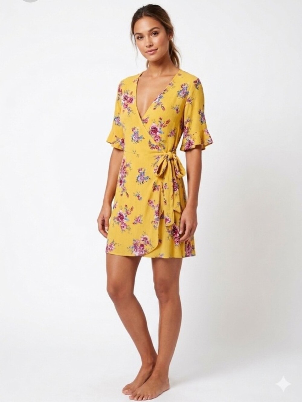 Urban Girl Yellow Floral Wrap Dress with Tie Waist – Juniors Size Small